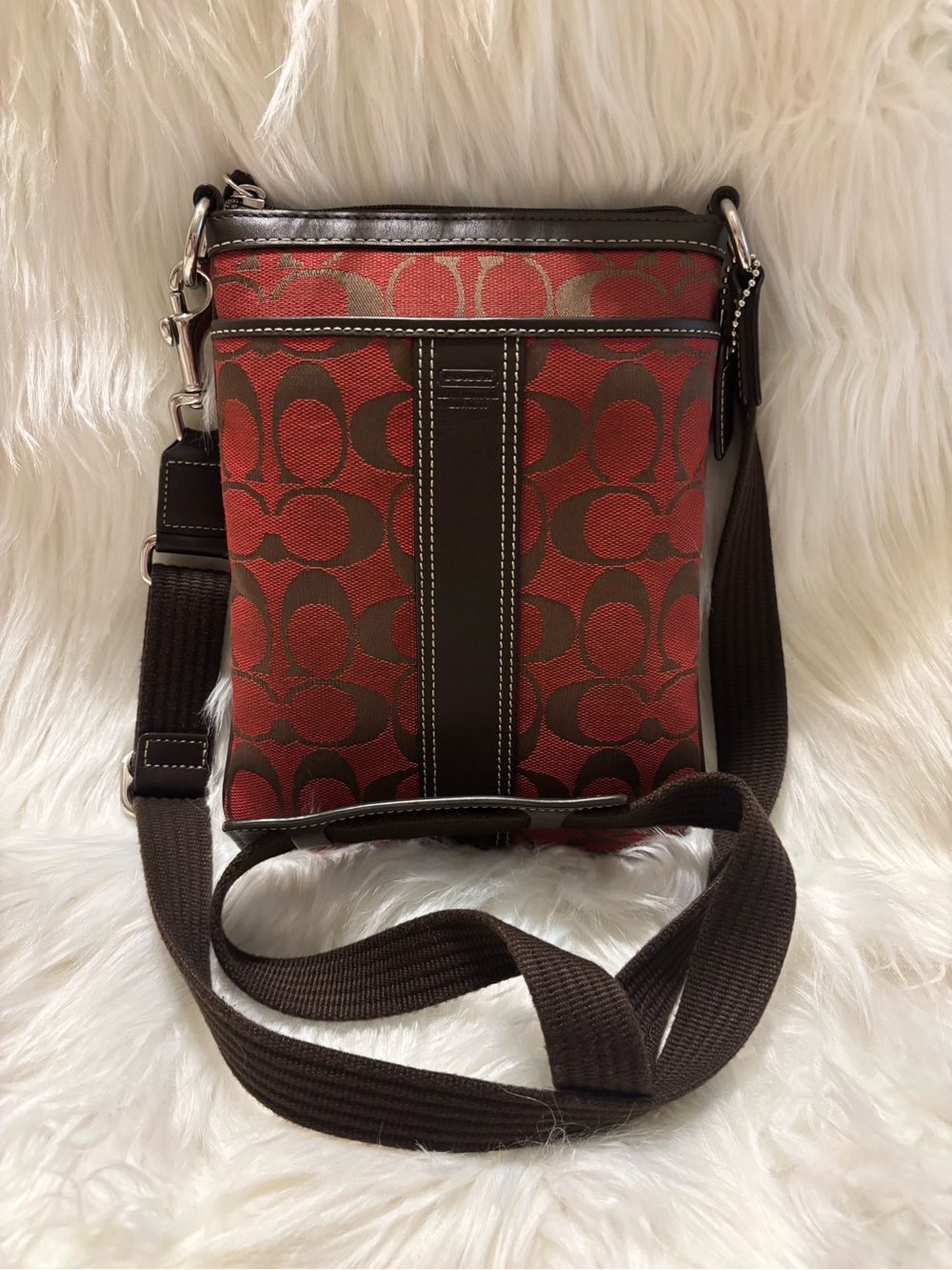 Coach Red and Brown Signature Crossbody with COA